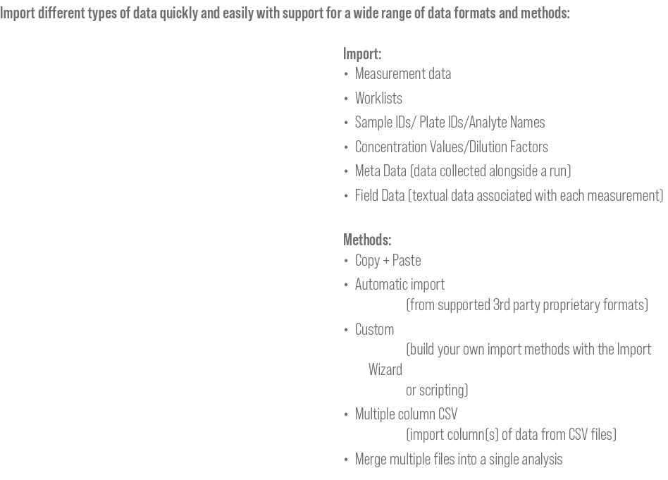 Import different types of data quickly and easily with support for a wide range of data formats and methods: Import: ...