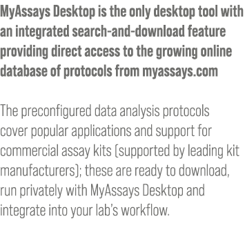MyAssays Desktop is the only desktop tool with an integrated search-and-download feature providing direct access to t...