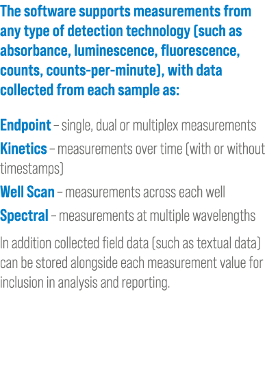 The software supports measurements from any type of detection technology (such as absorbance, luminescence, fluoresce...